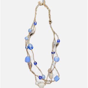 VJ Victoria Jousan Blue Beaded Necklace Long Silvertone Multistrand Glass Beads